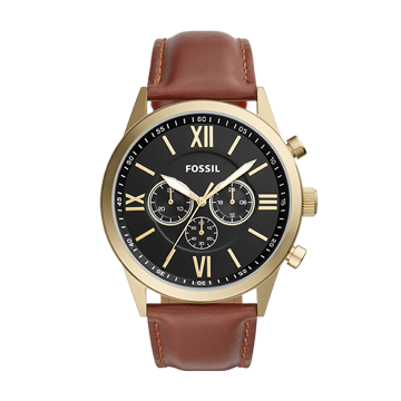 A chronograph watch with a gold-tone case and brown leather straps.