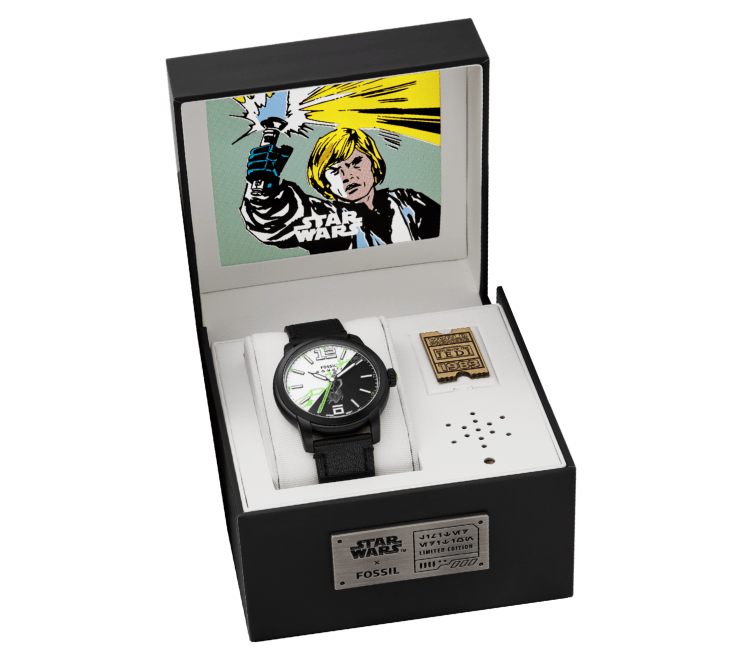 The Luke-inspired watch displayed in its box.