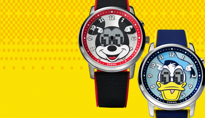 The new limited-edition Disney and Fossil Big Tic watches, featuring Mickey Mouse and Donald Duck with animated eyes that display the seconds.