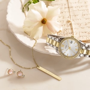 A two-tone Scarlette watch and a women's gold-tone necklace resting on a white plate. A pair of women's mother-of-pearl earrings. 
