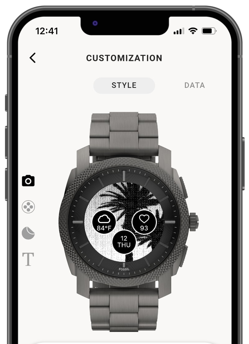 Silhouette rendering of a smartphone with the watch customization screen pictured.
