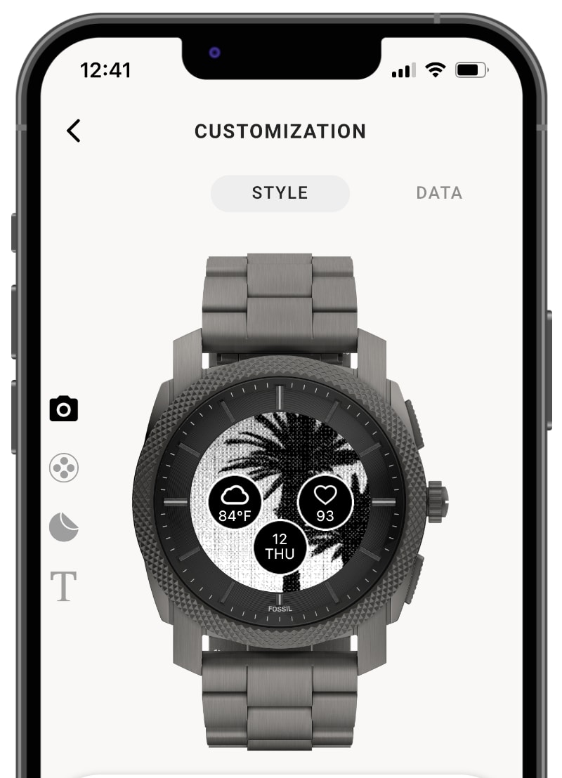 Silueta de un teléfono inteligente con la pantalla de personalización del reloj en la imagen.