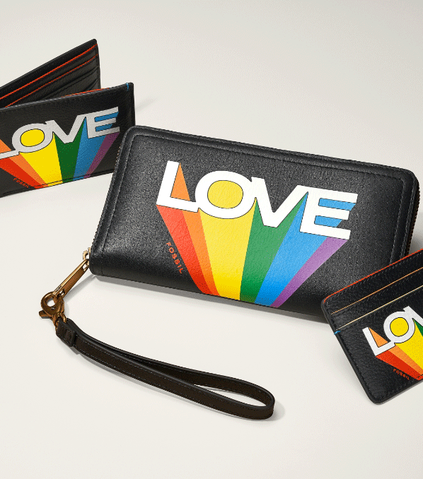 Des portefeuilles Pride en cuir noir, dont un portefeuille à deux volets, une pochette et un porte-cartes