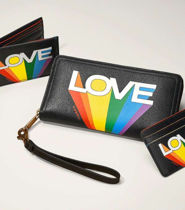 Black leather Pride wallets, including bifold, wristlet and card holder