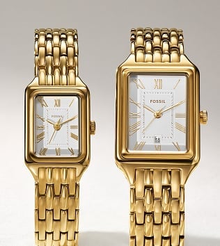 A side-by-side view of the Fossil Raquel Mini and Classic watches to show variety in size and scale.