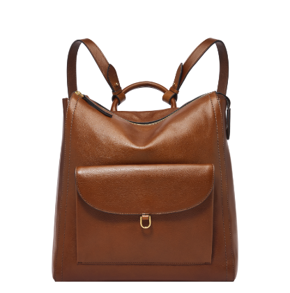 Brown leather backpack.