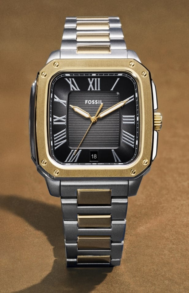 The Crosby watch shown in three finishes: silver-tone with a black dial, silver-tone with a vibrant blue dial and two-tone with a black dial.