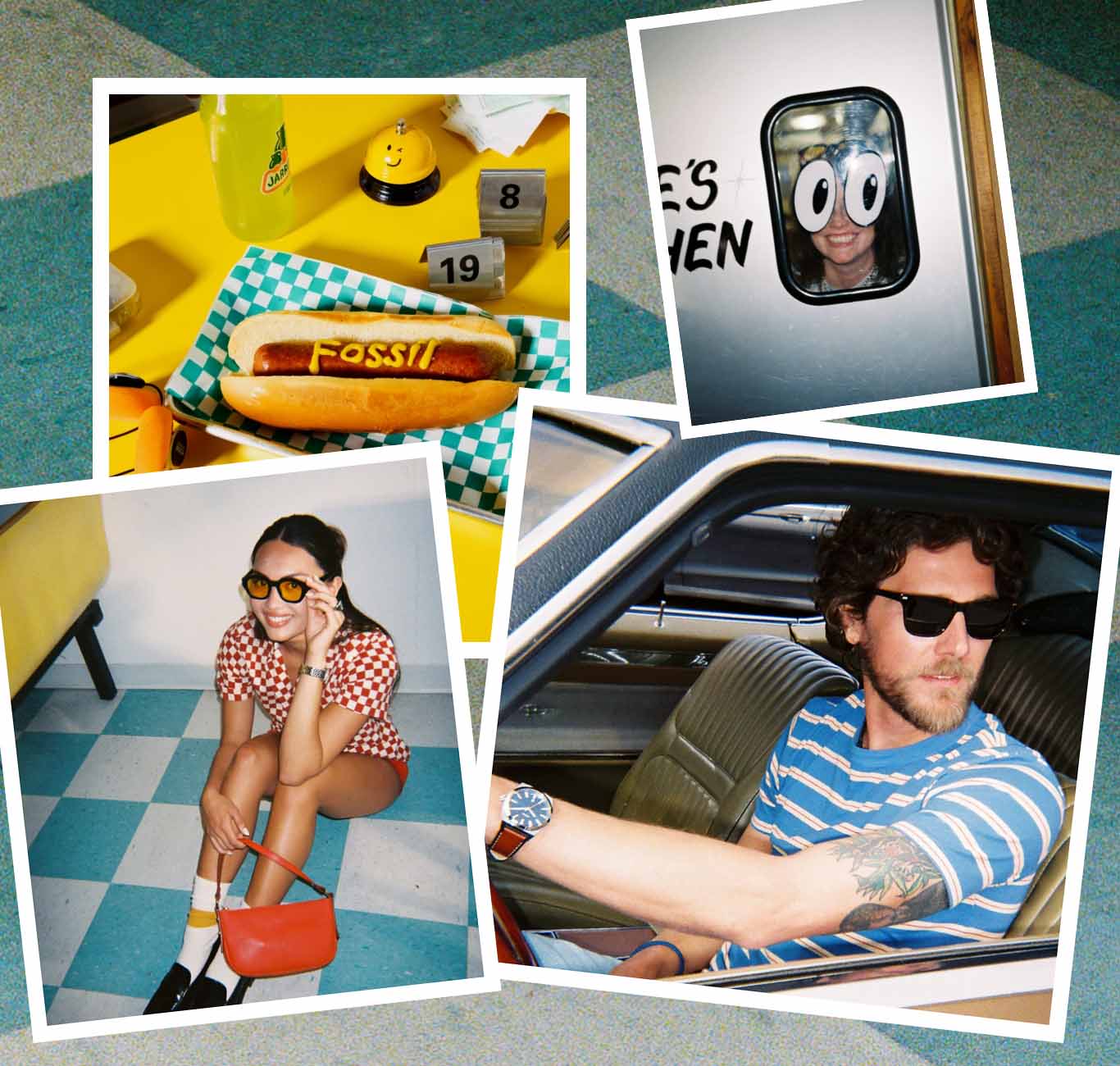 A group of friends in a vintage car alongside a photo collage of summery images, including a hot dog with Fossil written in mustard, a yellow bell ringer with a winking face and Polaroid pictures.