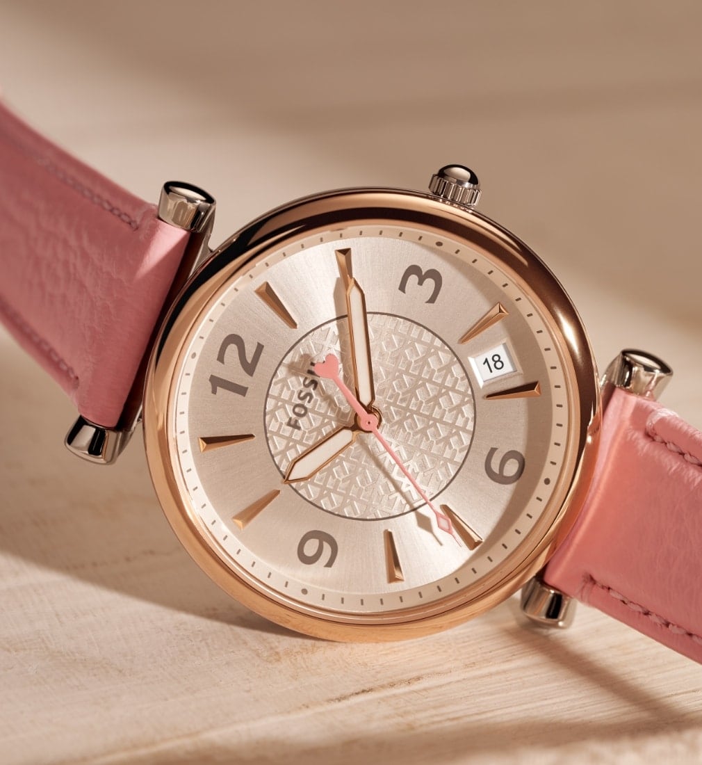 The Carlie watch with a pink strap.