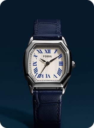 The Harlow Croco-embossed watch shown in deep jewel tones of blue.