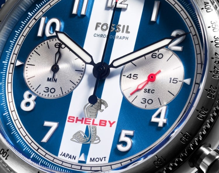 A close view of the subeyes on the Shelby dial to showcase its chronograph movement.