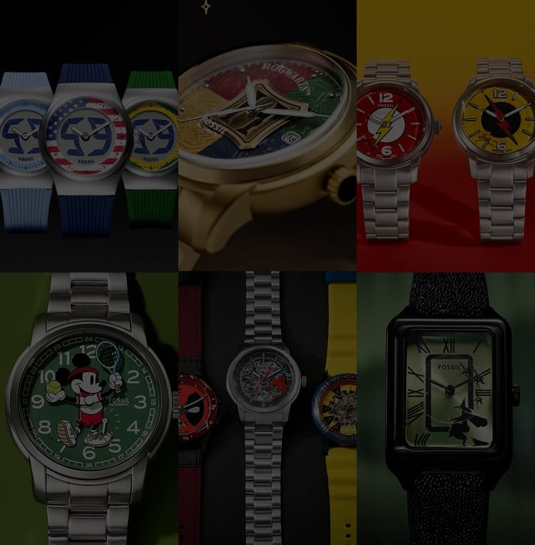 A grid-like mosaic collection of Fossil collaborations and limited-edition watches such as Nick Jonas, Fantastic Four, Mickey Mouse Soccer, Shelby, Minecraft, and more.