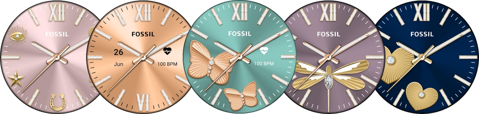 A variety of Fossil Wellness Gauge watch faces, featuring the different customisable dial colours.