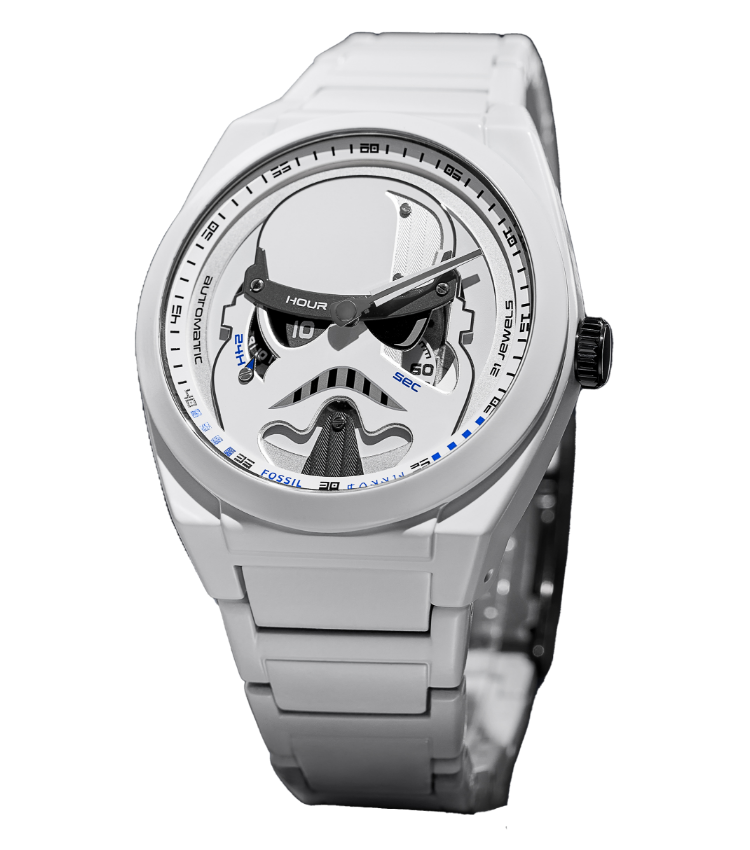 Eine Uhr Stormtrooper vor einem Sternenhintergrund