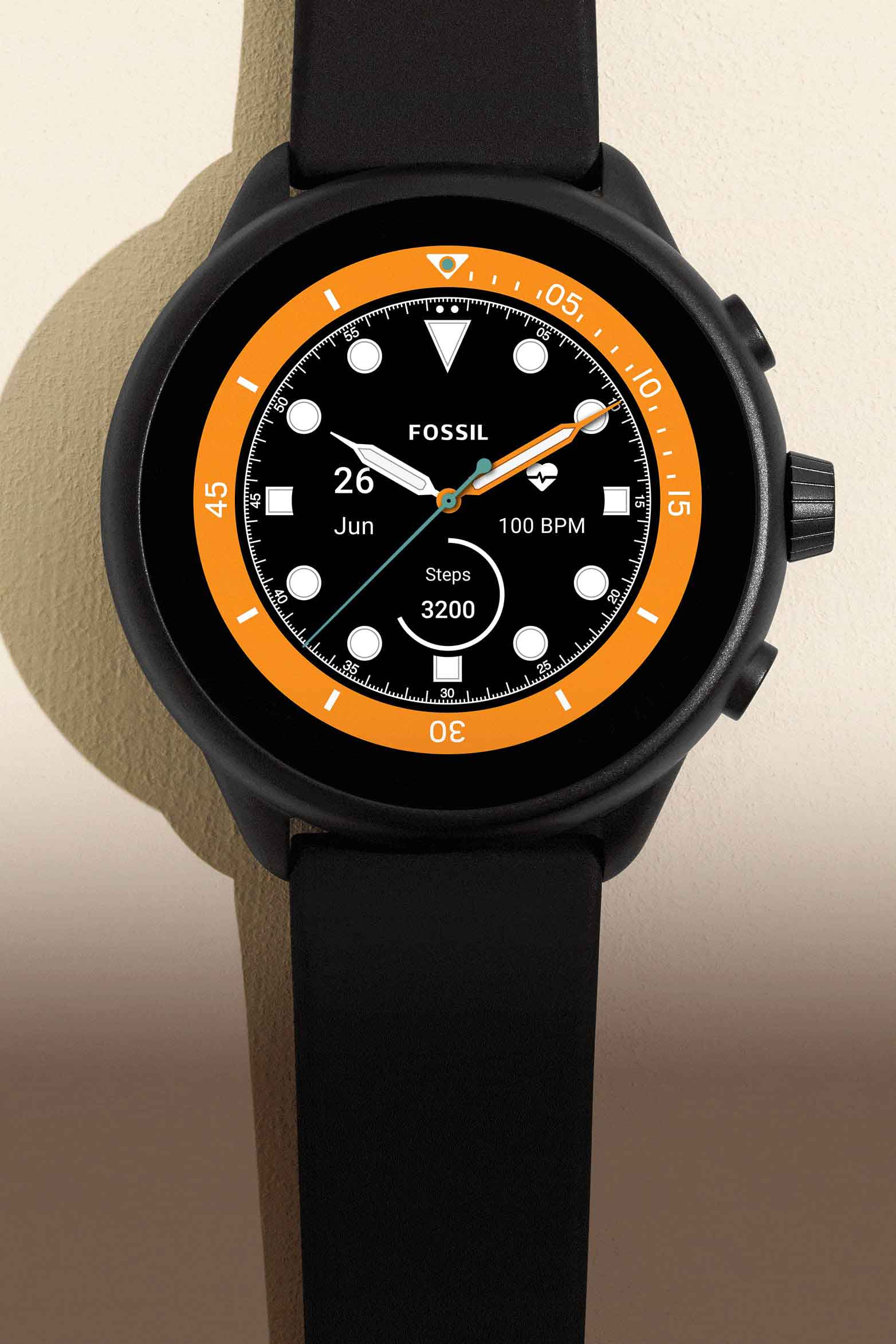 A GIF of the Gen 6 Wellness smartwatch gift set, featuring black silicone and orange bumper.
