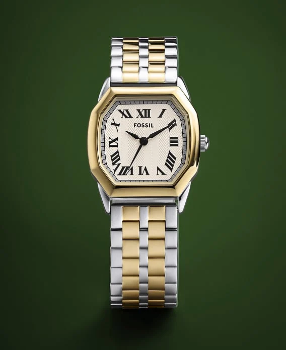 The archival Fossil Harlow watch shown in a two-tone finish.
