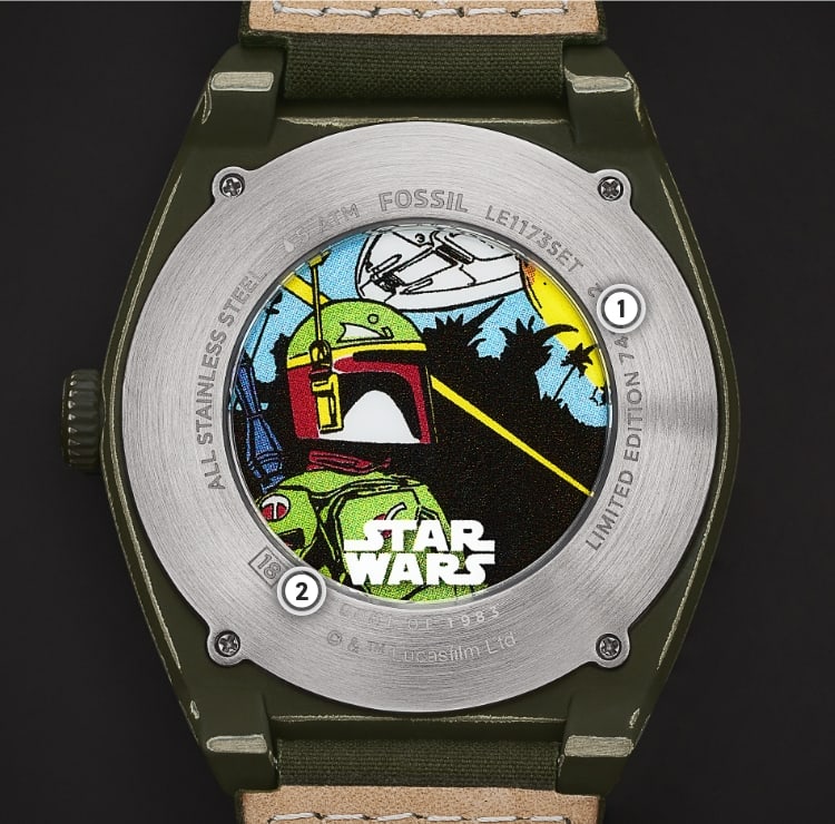 The back of a watch, featuring a comic book-style illustration of Boba Fett