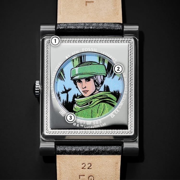 The back of a watch, featuring a comic book-style illustration of Leia Organa