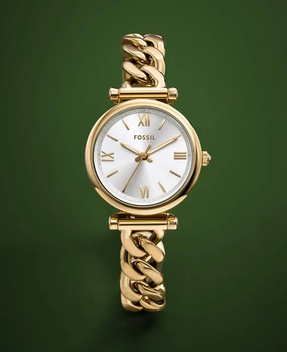 The classic Fossil Carlie watch, shown in a gold-tone finish with a curb chain bracelet.