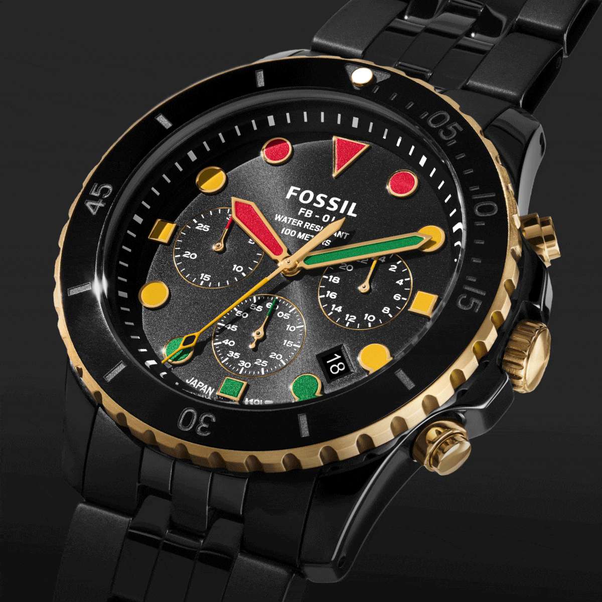 The special-edition black ceramic FB-01 feauturing red, green and yellow indices and minute hands in honor of Black History Month.