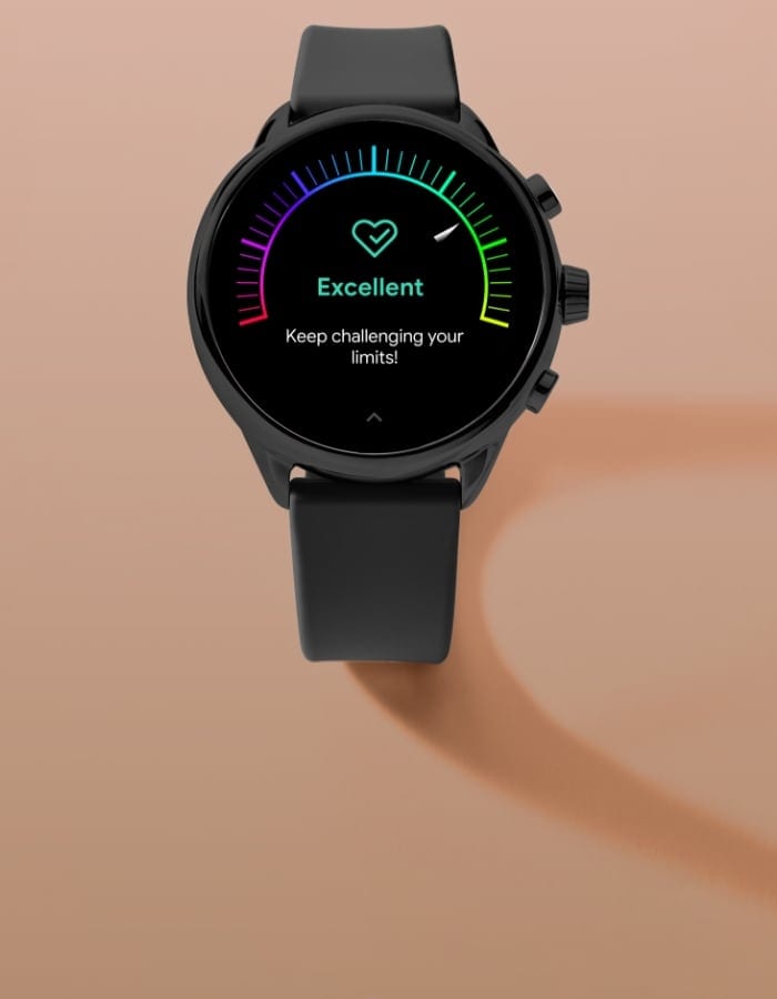 Eine Nahaufnahme einer Smartwatch Gen 6 Wellness Edition mit dem Schriftzug: „Super, pushe weiter Deine Grenzen!“.