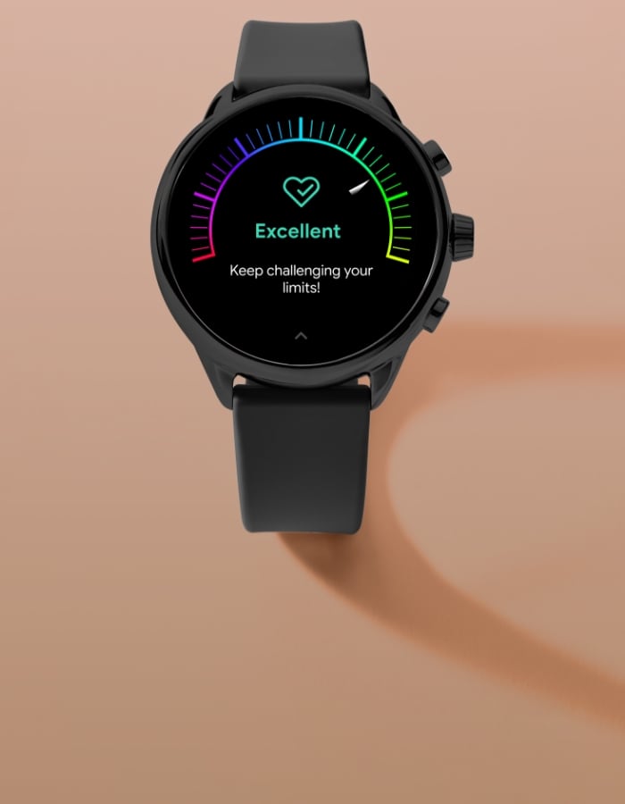 Eine Nahaufnahme einer Smartwatch Gen 6 Wellness Edition mit dem Schriftzug: „Super, pushe weiter Deine Grenzen!“.