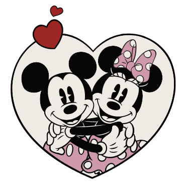 Animación de Mickey Mouse y Minnie Mouse con corazones.