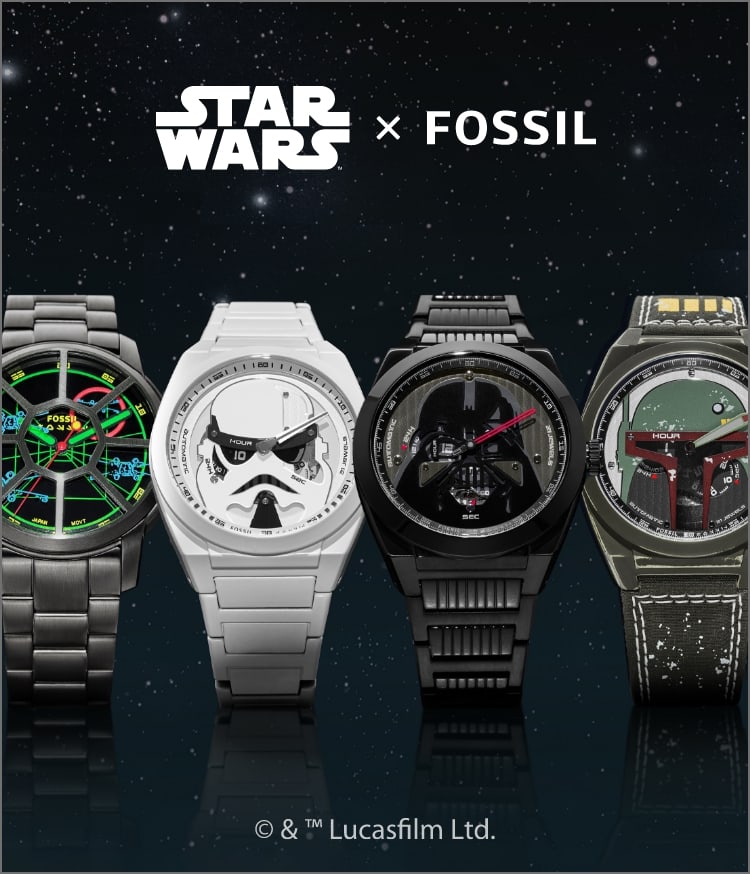 Orologi ispirati al caccia TIE, agli stormtrooper, a Darth Vader e a Boba Fett allineati in un cielo stellato.