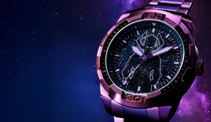 The Marvel and Fossil limited-edition Galactus watch, featuring an oversized dial, glowing silhouette of Galactus on the starfield dial and vibrant purple finish.