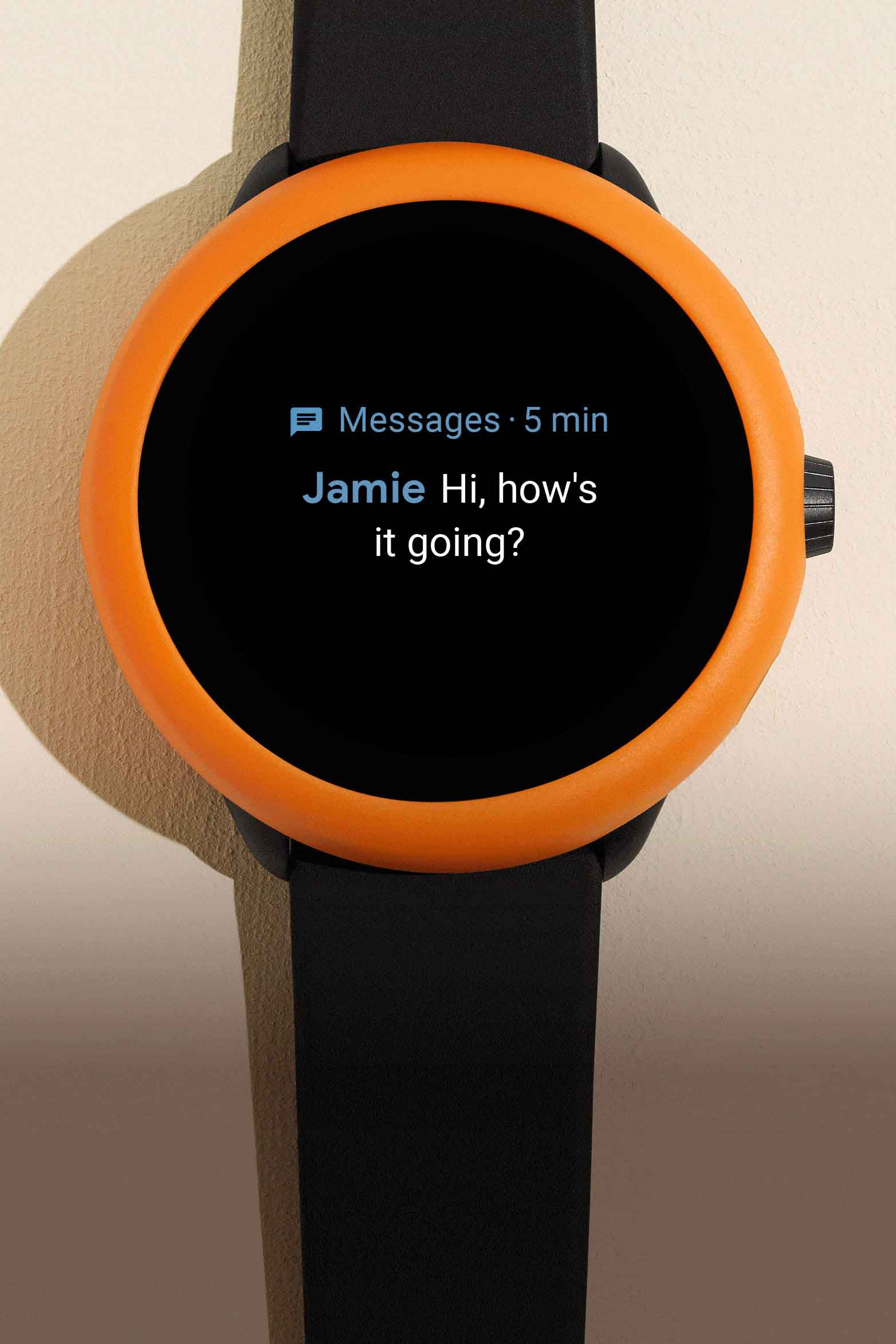 A GIF of the Gen 6 Wellness smartwatch gift set, featuring black silicone and orange bumper.
