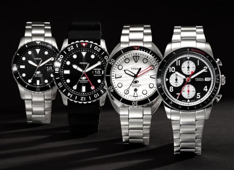 Four performance luxe watches, including Fossil Blue Dive, Fossil Blue GMT, Breaker Dive and Sport Tourer.