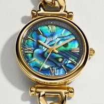 A gold-tone women's watch with a glossy abalone shell dial.