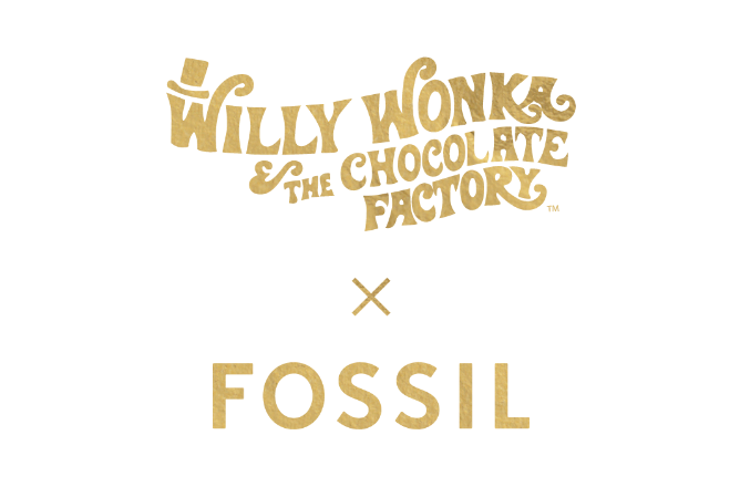 Willy Wonka & The Chocolate Factory x Fossil logo in a gold colour. 