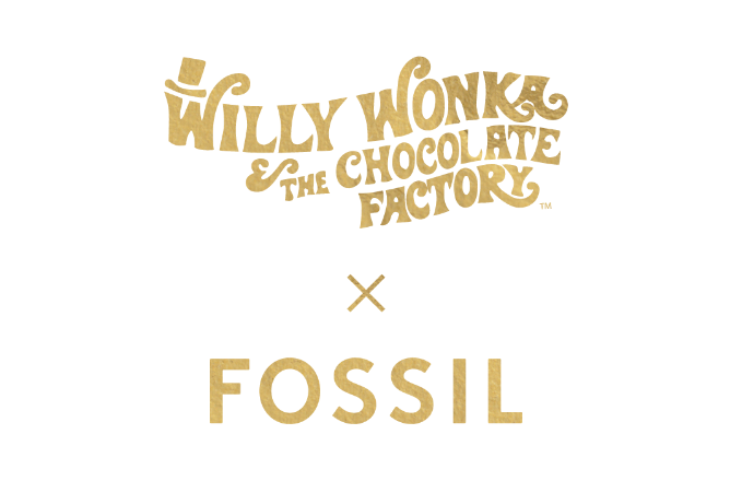 Willy Wonka & The Chocolate Factory x Fossil logo in a gold color. 