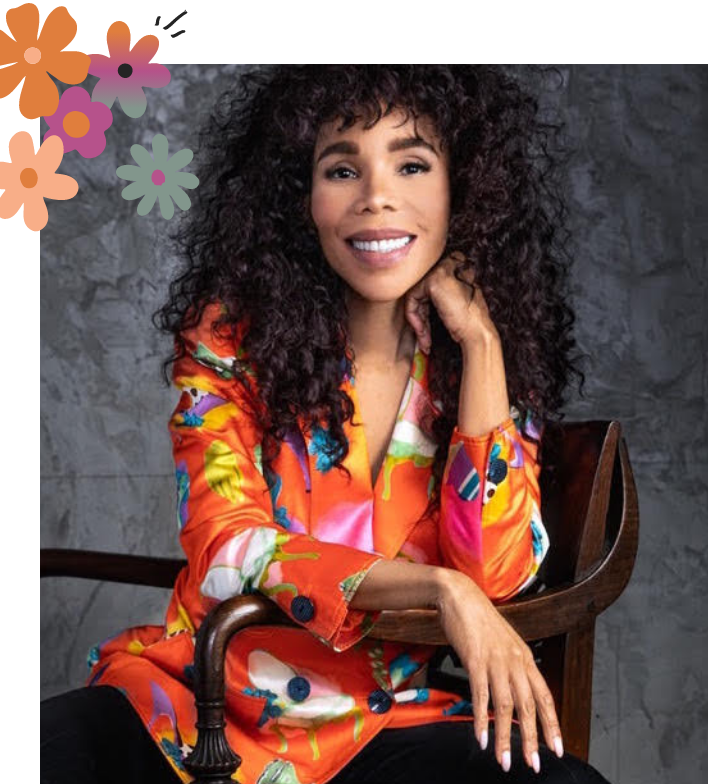 A photo of Cedella Marley with flower graphics.