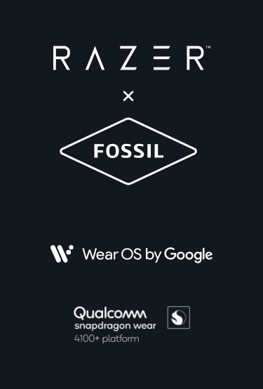Razer x Fossil logo. Wear OS logo. Qualcomm logo.