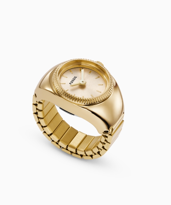 La bague-montre dorée.