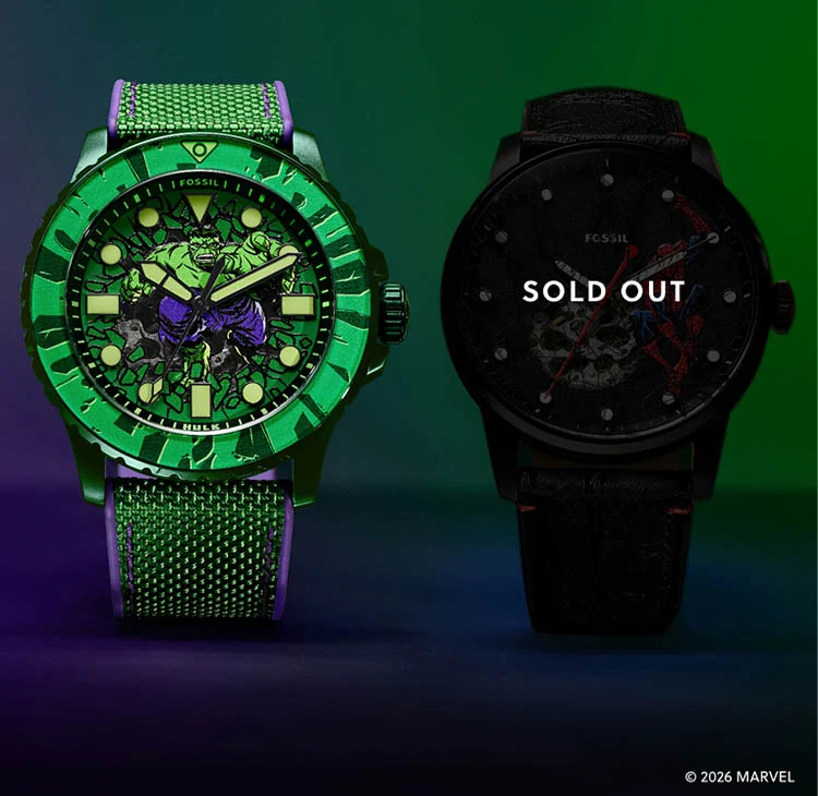 Two Fossil watches featuring limited-edition Spider-Man and Hulk designs