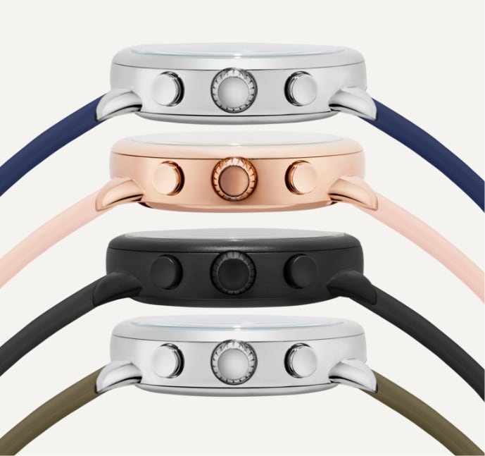 Side view of four Gen 6 Wellness Family smartwatches.