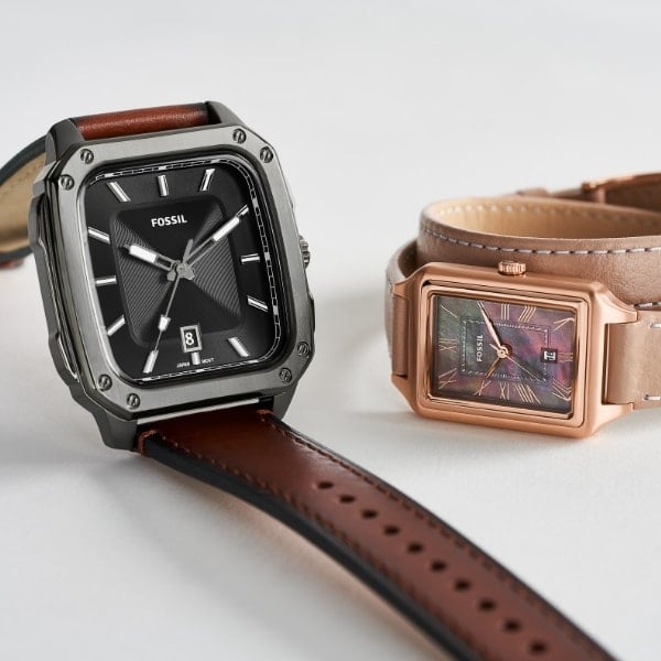 The square-shaped Inscription watch and the square-shaped Raquel watch.