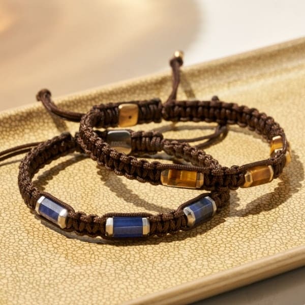 Two braided men’s bracelets with beads.