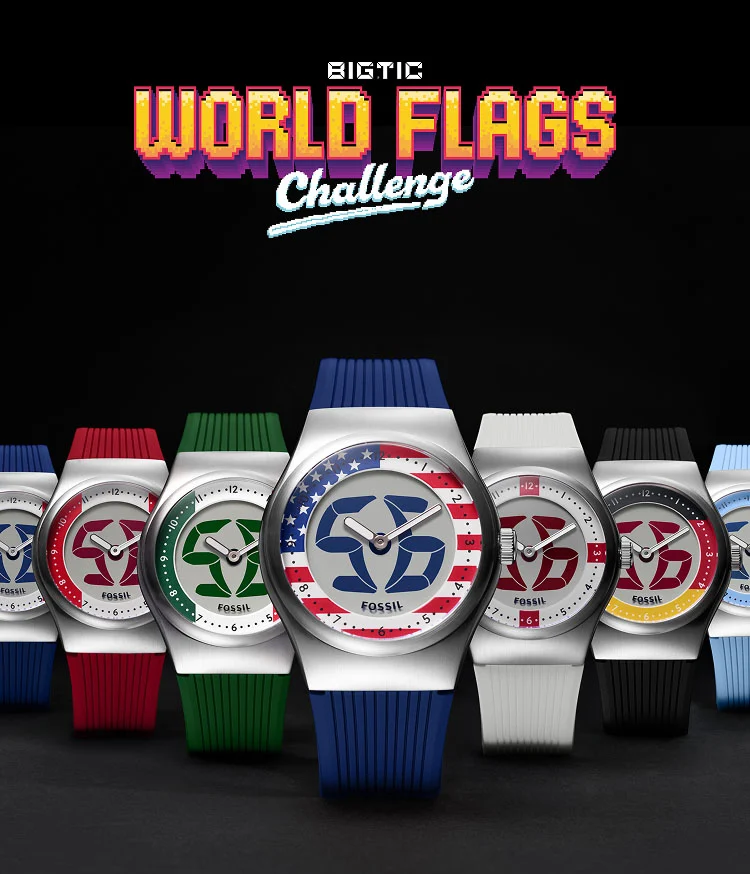 The Fossil Limited-Edition World Flags Big Tic watch collection, featuring a sporty analog-digital design in bold, global colorways.