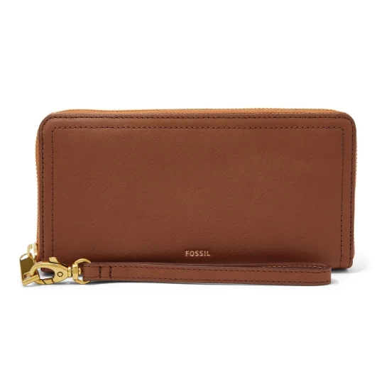 Brown leather wristlet.