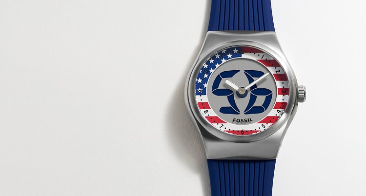 The limited-edition Fossil World Flags Big Tic watch, sporting ana-digi movement and a red, white and blue stars-and-stripes motif inspired by the United States flag.