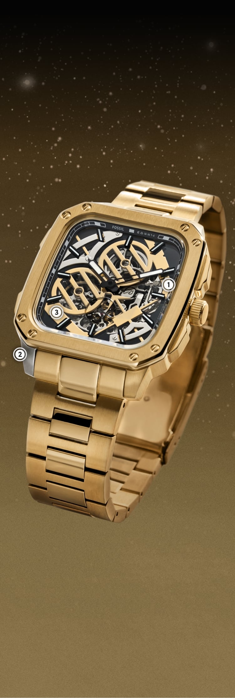 A close-up shot of a gold-tone watch with a gold-tone C-3PO face frame over an exposed automatic movement