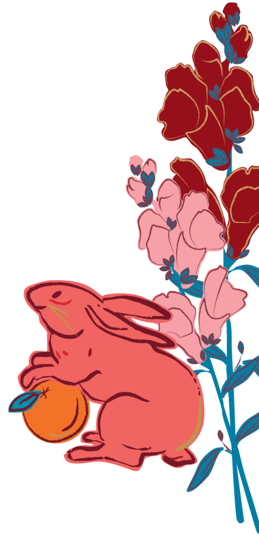 Grafica di coniglio con un’arancia e fiori