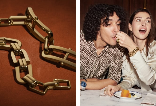 GIF of a Fossil Heritage necklace and a man and a woman eating cake, while wearing gold-tone Fossil Heritage jewellery and a Fossil Blue GMT.