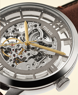 Detailed view showing the Townsman watch in a burnished finish, revealing the inner workings through its skeleton dial.