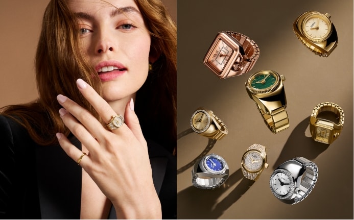A woman wearing the new festive Watch Ring with pavé crystals; a group shot of eight Watch Rings, including (clockwise from top left) the rose gold-tone Raquel Watch Ring; the gold-tone Watch Ring; the gold-tone Raquel Watch Ring; the silver-tone Watch Ring; the pavé Watch Ring; the silver-tone Watch Ring with blue dial; the gold-tone Watch Ring with glitz; and the gold-tone Watch Ring with malachite dial.