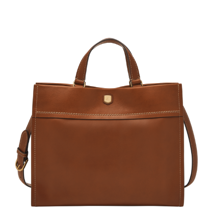 Brown leather tote bag.